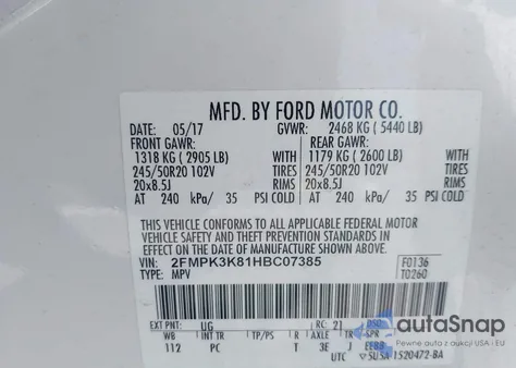 2017 Ford Edge Titanium z USA, uszkodzony, nr VIN 2FMPK3K81HBC07385